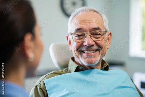 A Cheerful Elderly Man in a Dental Clinic Smiling at a Professional Dental Hygienist During an Oral Examination photo