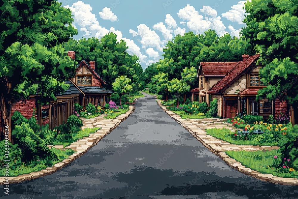 A serene neighborhood scene with lush greenery and charming houses. A serene neighborhood scene with lush greenery and charming houses.