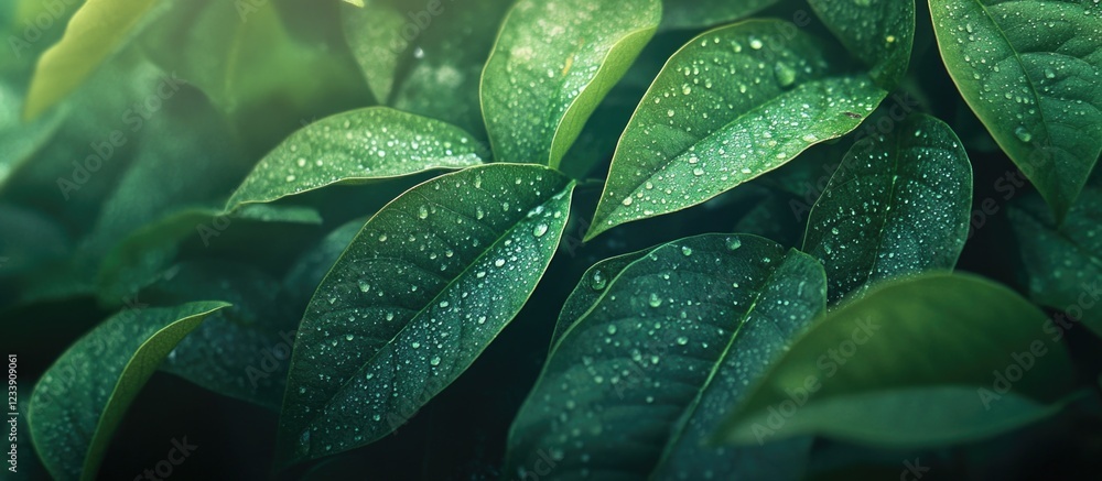 Fototapeta premium Green leaves with water droplets close-up in natural light suitable for background use and design projects Copy Space