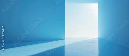 Minimalistic blue room with open door and bright light streaming through  creating soft shadows on the floor.