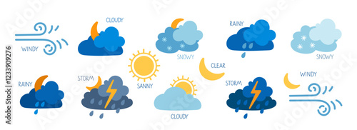 Various weather icons illustrating different atmospheric conditions and symbols