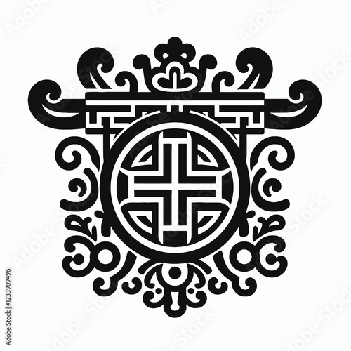 Intricate black ornamental design with swastika symbol.