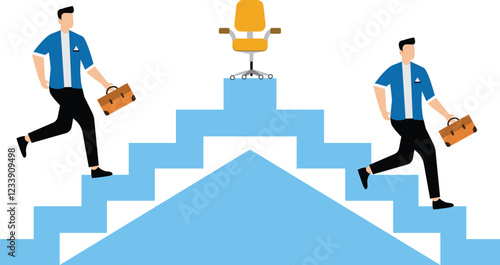 Job transitions, job replacements, business rivalries, career rivalries, one businessman walking up the top of the stairs and another walking down the top office chair