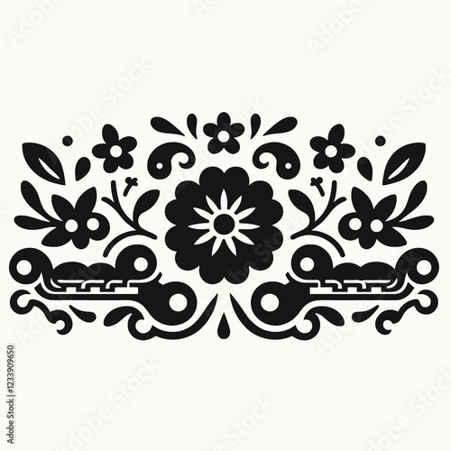 Black floral pattern with central flower and decorative elements.