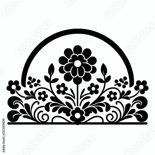 Black silhouette of a floral arrangement with leaves and flowers.