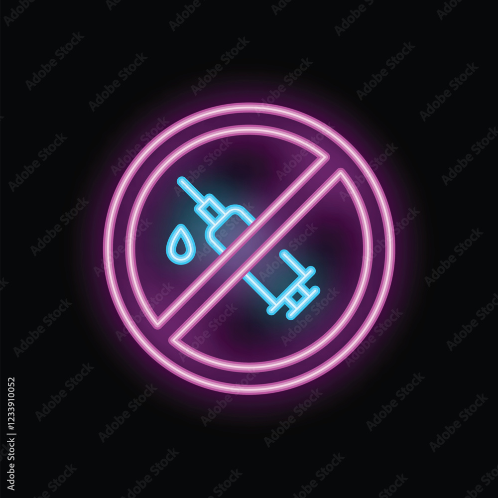 Neon sign representing a syringe with a drop crossed out, evoking a concept of anti vaccination on a black background