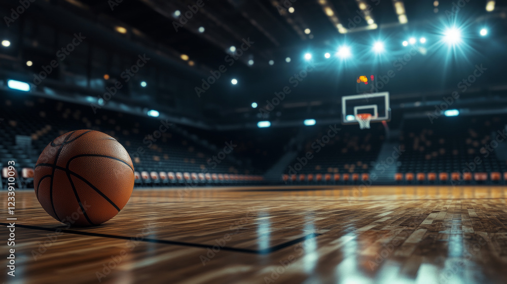 Basketball ball on the fllor of empty basketball arena. 3d illustration Basketball ball on the fllor of empty basketball arena. 3d illustration