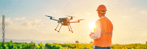 Drone pilot piloting a drone to observe a land, futuristic background