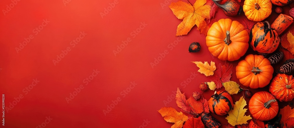 Autumn composition with orange pumpkins fall leaves and acorns on red background with copy space for seasonal text or design elements Autumn composition with orange pumpkins fall leaves and acorns on red background with copy space for seasonal text or design elements