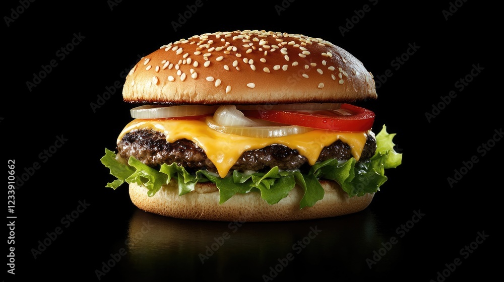 Cheeseburger with lettuce, tomato, onions, and sesame seed bun on black background with Copy Space