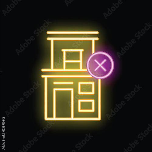 Glowing neon sign of a building being cancelled with a cross mark in front of it on a black background