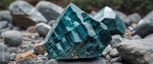 Dark teal diorite stone in boulder field with close up background photo