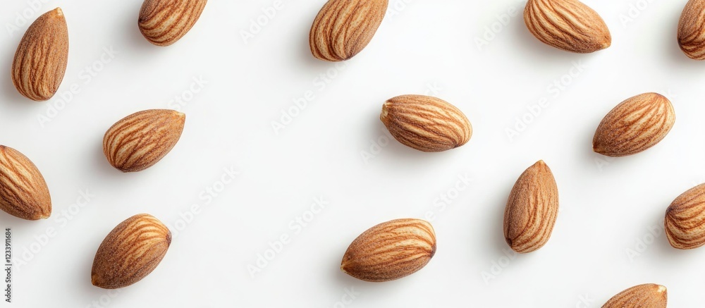 Almonds Scattered on White Background with Copy Space Almonds Scattered on White Background with Copy Space