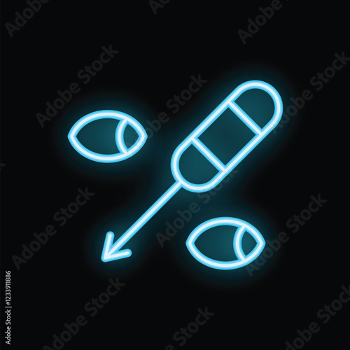 Blue neon icon of a syringe pointing at eyes, representing laser eye surgery