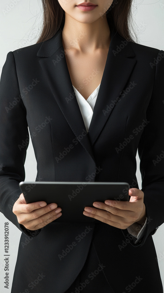 faceless businesswoman in sleek black suit holds tablet, exuding professionalism and confidence faceless businesswoman in sleek black suit holds tablet, exuding professionalism and confidence