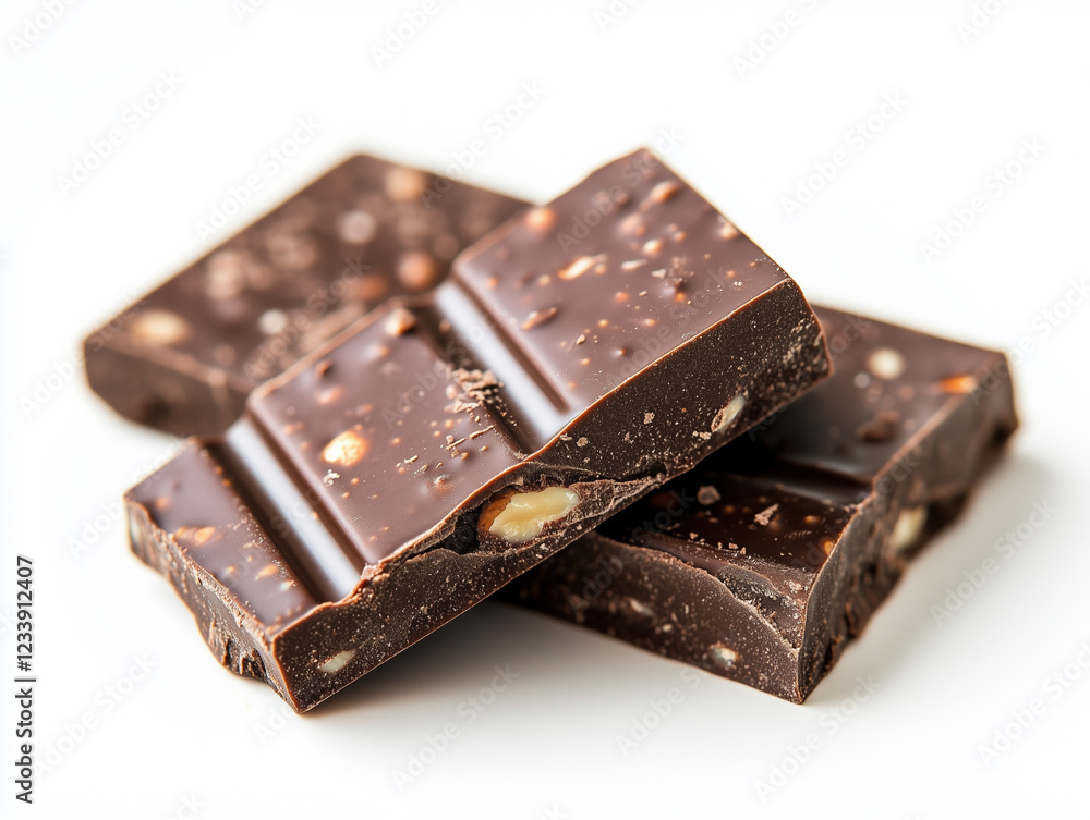 Extreme close-up shot of textured chocolate with nuts on white background. Extreme close-up shot of textured chocolate with nuts on white background.