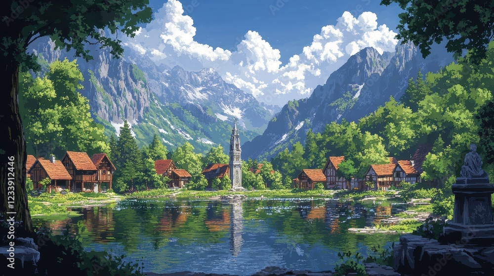 Fototapeta premium Serene mountain village with a tranquil lake and lush greenery.