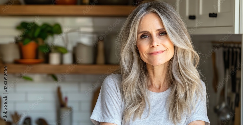Portrait of a confident mature woman with gray hair in her kitchen Portrait of a confident mature woman with gray hair in her kitchen