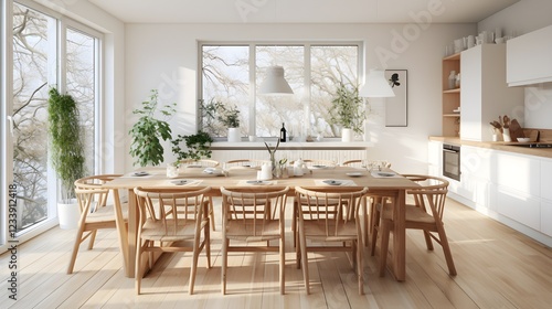 Bright Modern Dining Room with Wooden Table Chairs and Natural Light