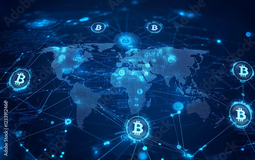 A blue digital background featuring a world map with interconnected Bitcoin symbols, representing the global spread of blockchain technology in financial and trading applications.