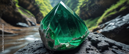 Deep forest green epidote stone in lush canyon with close up background photo