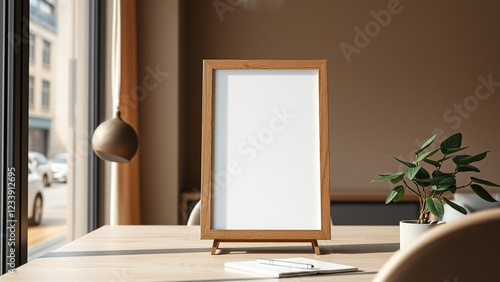 Natural earth tones tight close-up shot, a empty photo frame on a desk