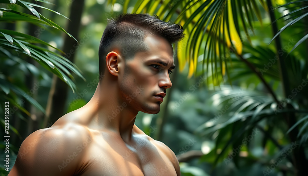 handsome man in the tropical forest handsome man in the tropical forest