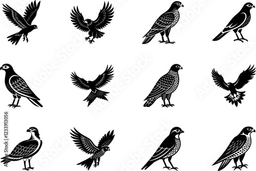 European Raptors Silhouette Vector Bundle. Containing Golden Eagle, Common Buzzard, Red Kite, Marsh Harrier, Hen Harrier, Sparrowhawk, Goshawk, Peregrine Falcon, Merlin, Kestrel, Osprey, Montagu's Har