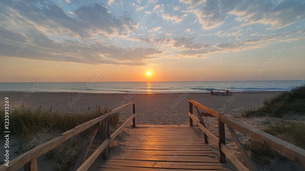 Fototapeta premium Sunrise beach boardwalk access, ocean sunrise, peaceful morning