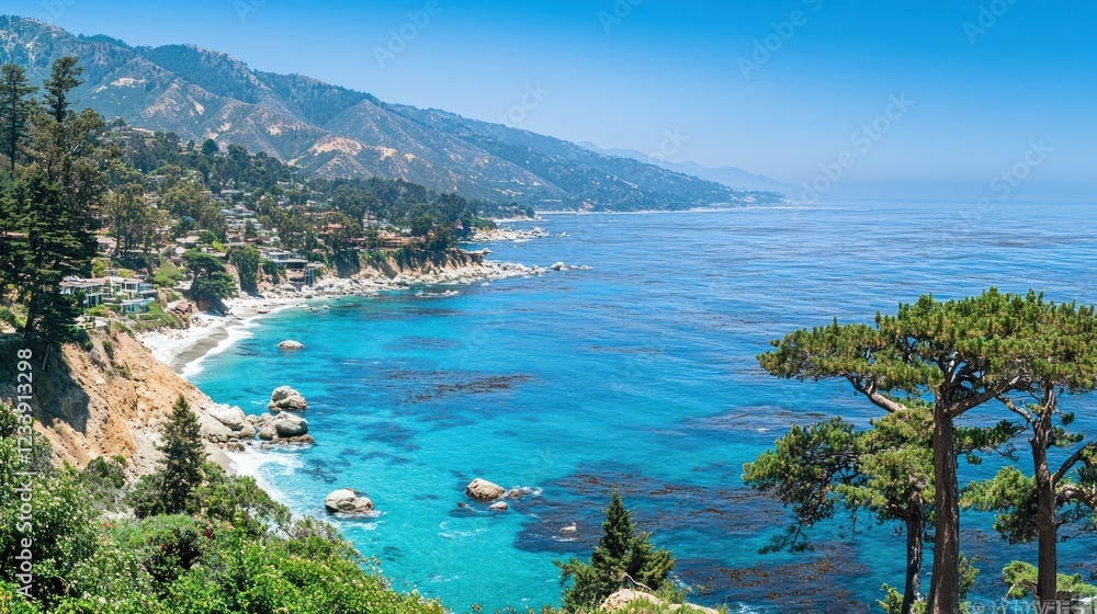 Naklejka premium Stunning Coastal Panorama: Turquoise Waters and Majestic Mountains
