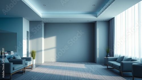 Modern room interior, grey accents, empty wall.