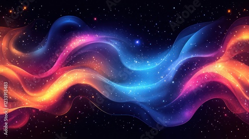 Cosmic energy waves flow through space, starry background, abstract art