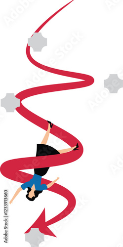 Failed business investments or career development plans, recession stock market crashes, operating losses, falling arrows wrapped around the businesswoman falling with them