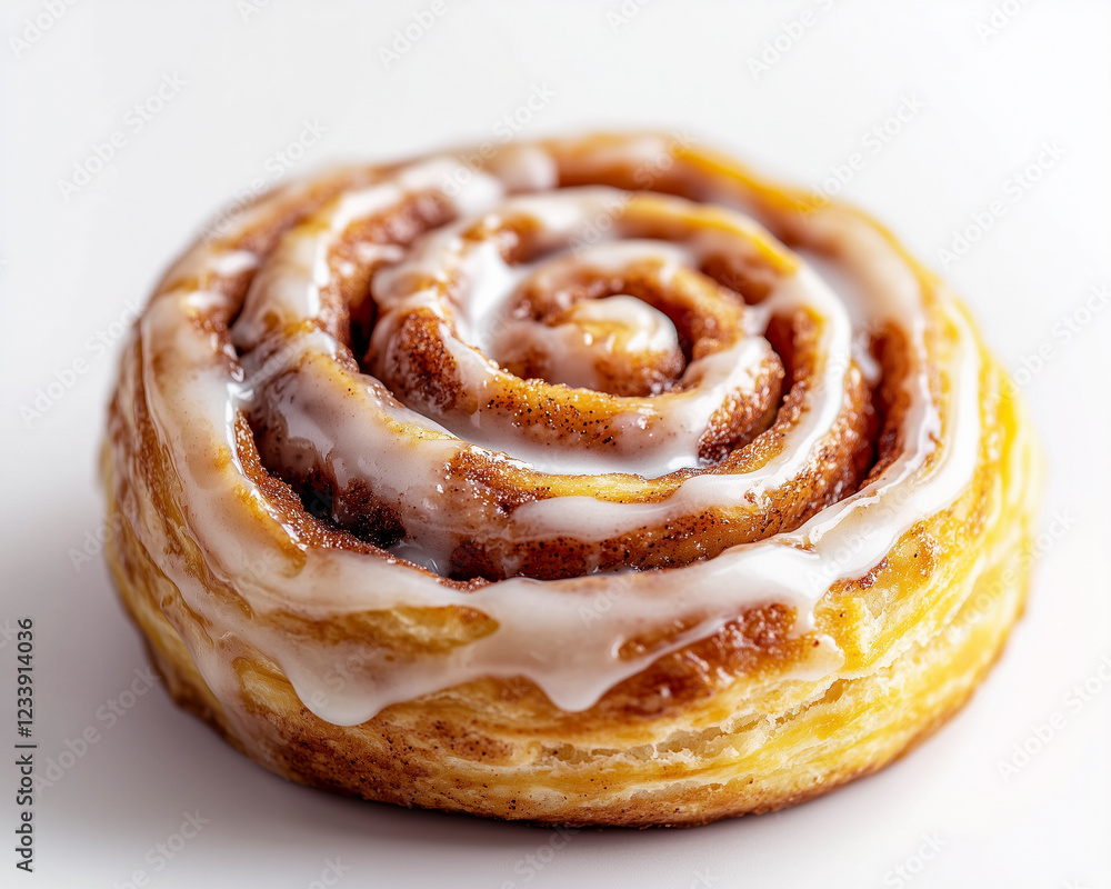 Fototapeta premium Macro shot of a cinnamon roll with glossy icing and layered details on a white background.