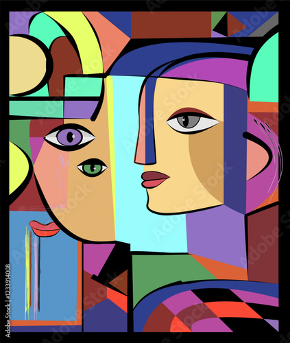 A colorful abstract representation of faces ,geometrically fragmented composition. Various shapes and lines intersect to create the appearance of eyes, noses, bold use of contrasting colors