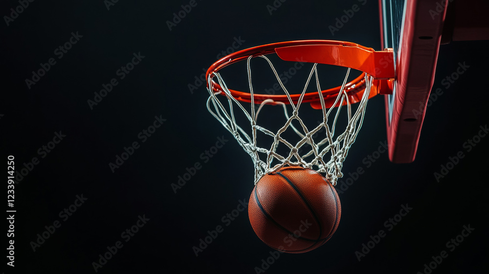 Basketball going through the basket on black backgorund, detail shot. Basketball going through the basket on black backgorund, detail shot.