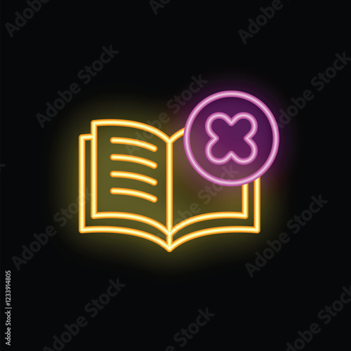 Neon icon of an open book receiving a large x mark, representing censorship and the suppression of information