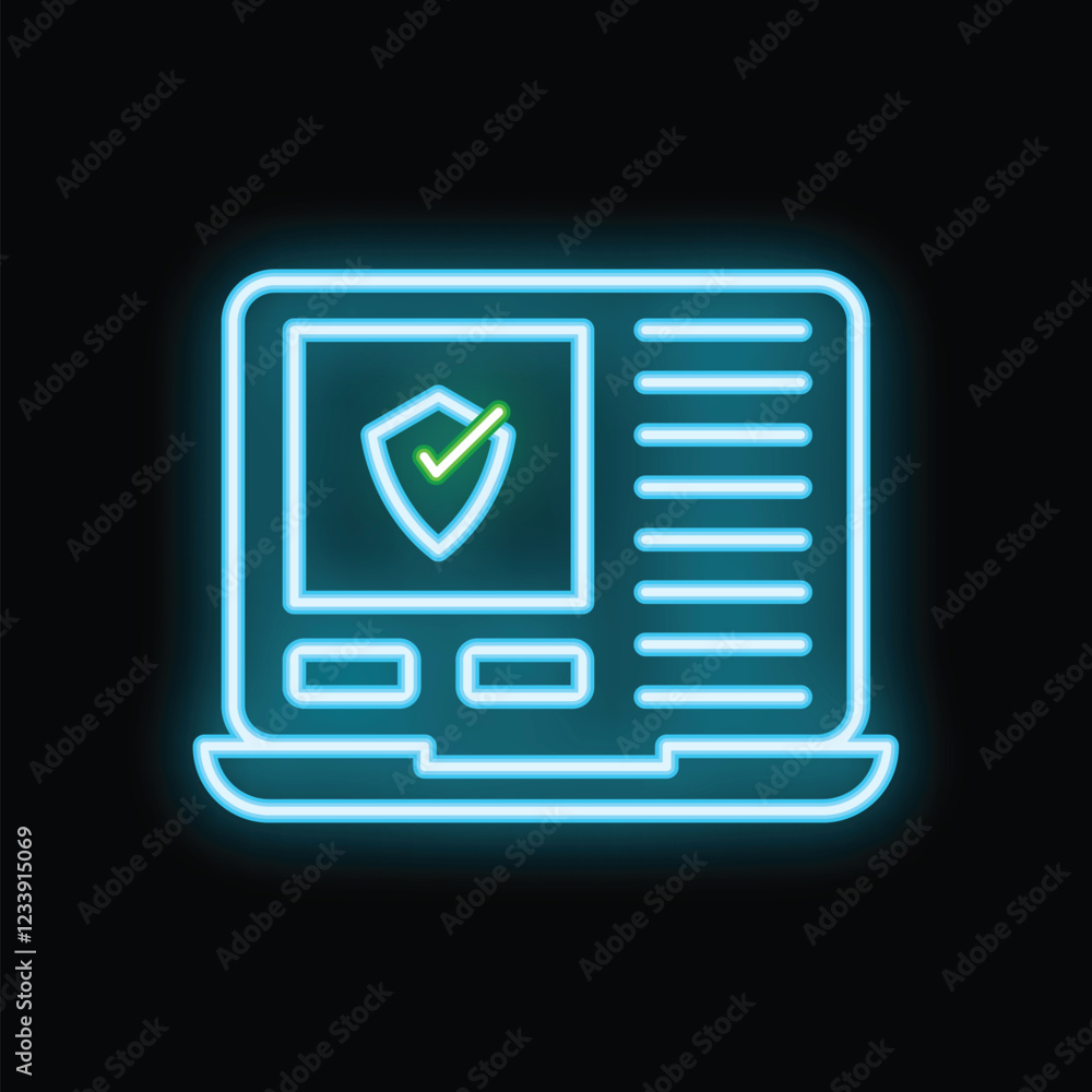 Glowing neon icon of a laptop displaying a security check mark, representing online safety and data protection Glowing neon icon of a laptop displaying a security check mark, representing online safety and data protection