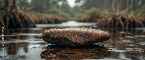 Dewy brown bog iron stone in swampy area with close up background photo