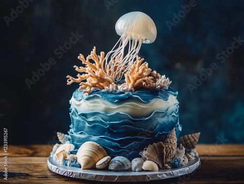 A mesmerizing ocean inspired cake with waves, shimmering sugar corals and edible shells and a sugar jellyfish floating gracefully. photo