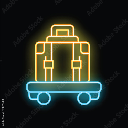 Neon glowing icon of a suitcase on a luggage cart representing travel and hotel stays
