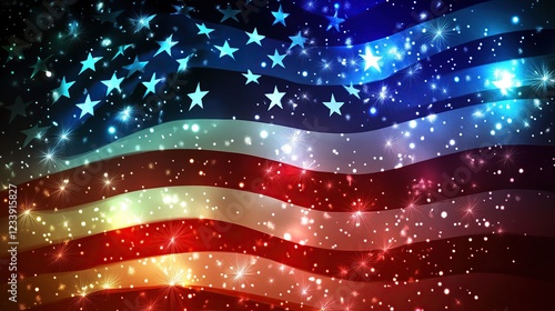 Glittering US flag waving, fireworks background, patriotic celebration design