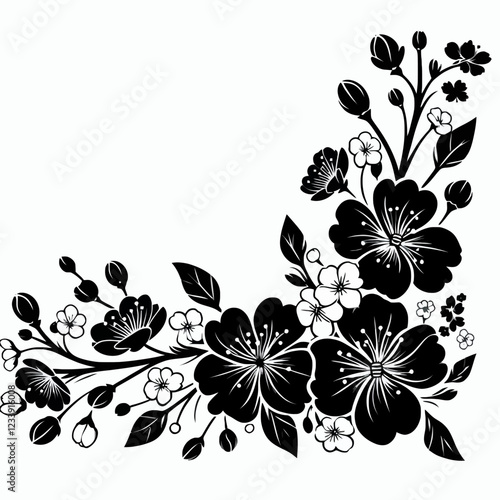 Black and white floral arrangement with leaves and flowers.