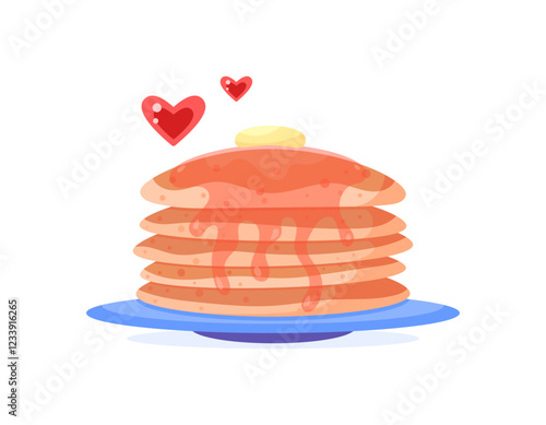 illustration of pancakes with honey and butter sauce. stack of pancakes on a plate. love pancakes. cake, food, sweet, breakfast, snack. flat style design. elements