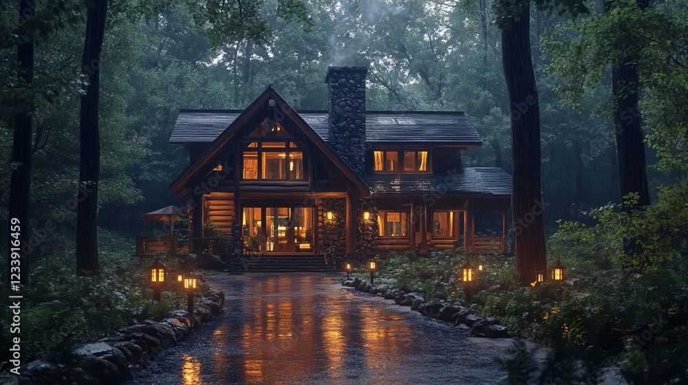 Luxurious Log Cabin in Rainy Forest at Night Illuminated Driveway Luxurious Log Cabin in Rainy Forest at Night Illuminated Driveway
