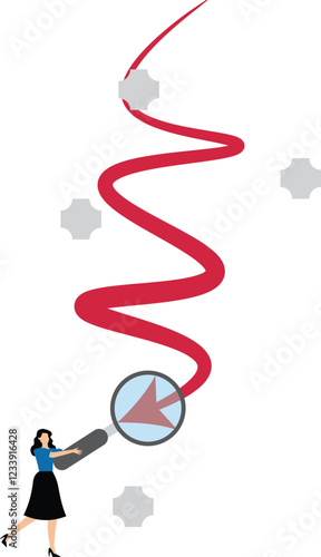 Business or investment forecasts, recession, businesswoman with magnifying glass standing at bottom of falling arrow to view