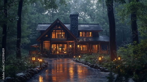 Luxurious Log Cabin in Rainy Forest at Night Illuminated Driveway