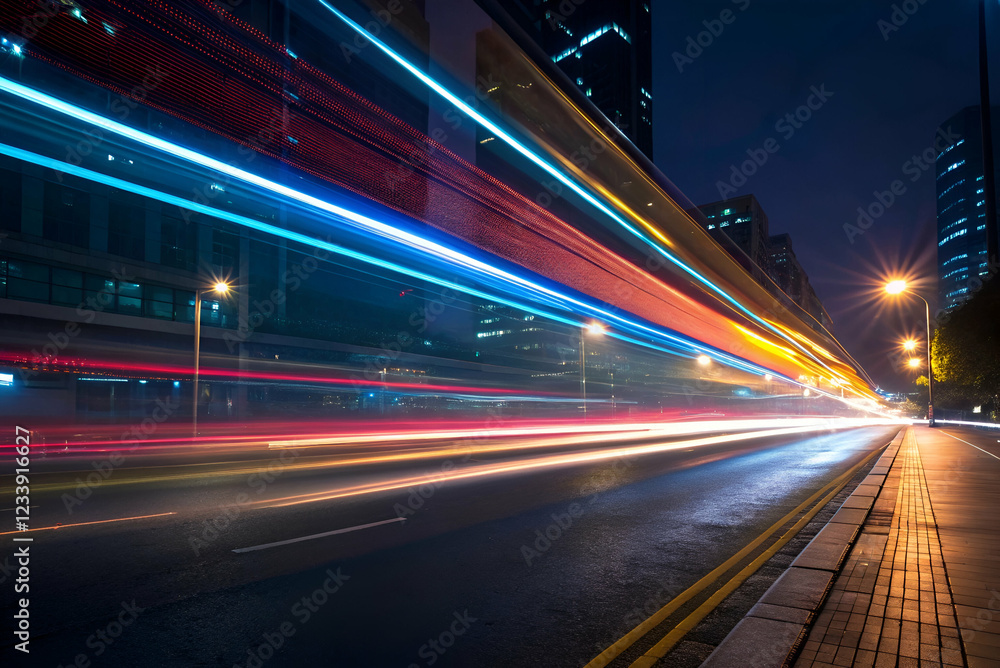 Naklejka premium Cryptocurrency Trading, A vibrant night scene showcasing illuminated light trails on a city street, with modern buildings in the background.