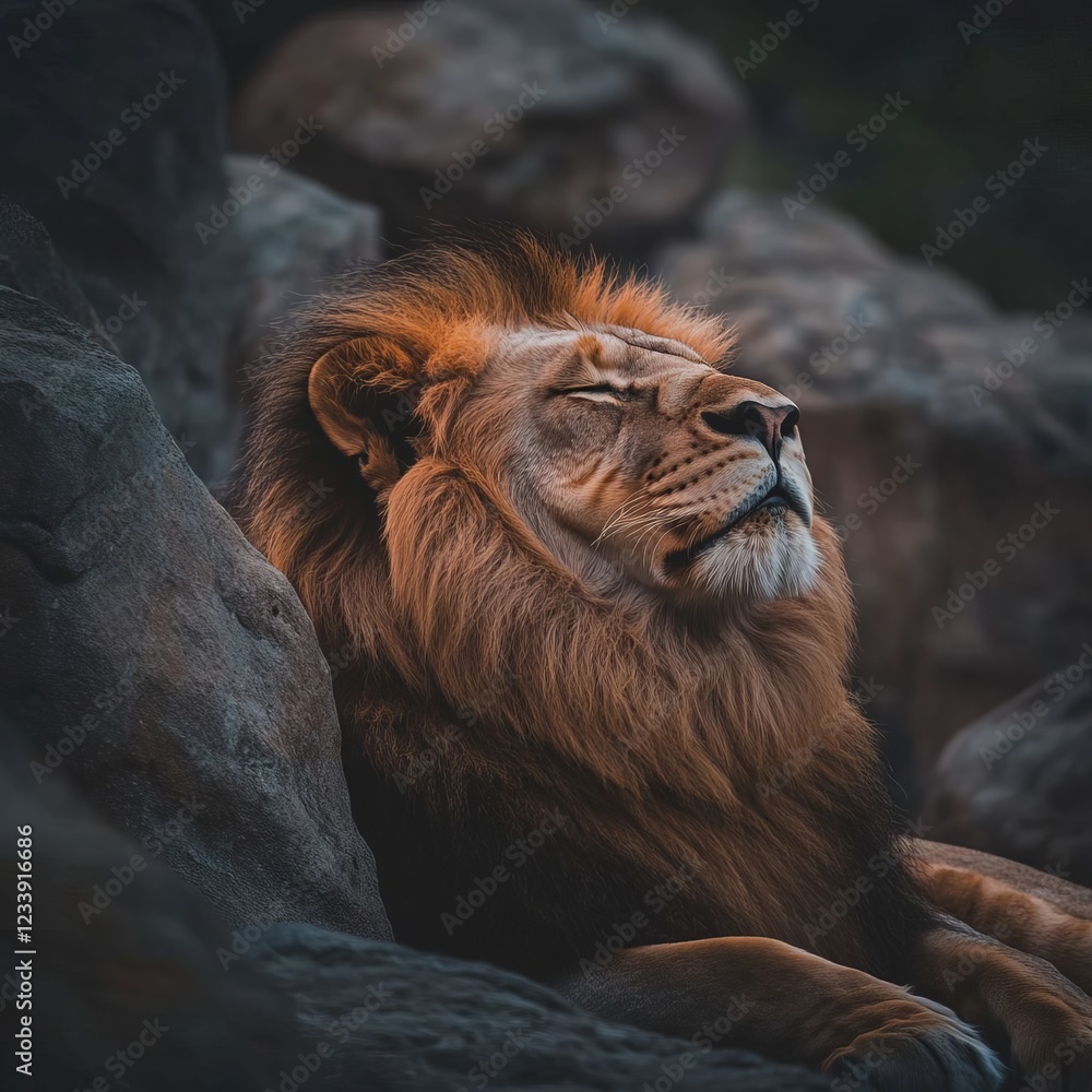 Naklejka premium Majestic Male African Lion Resting Serene Among Rocks