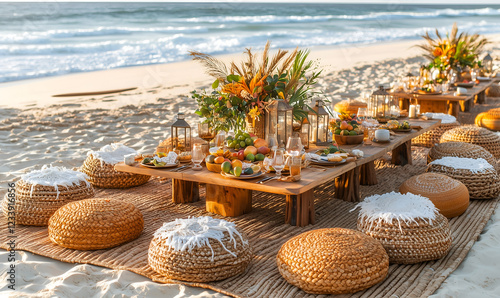 A beautiful beach dining setup with a wooden table, woven seating, and vibrant floral arrangements, perfect for a seaside gathering.